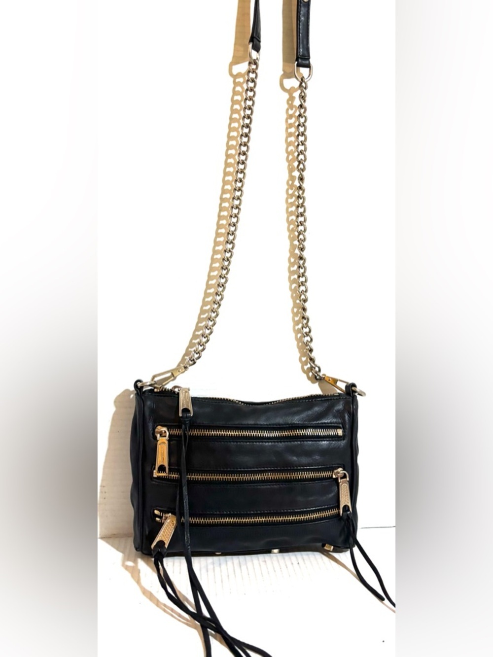 Rebecca Minkoff Black Leather Crossbody with Gold Chain Detail